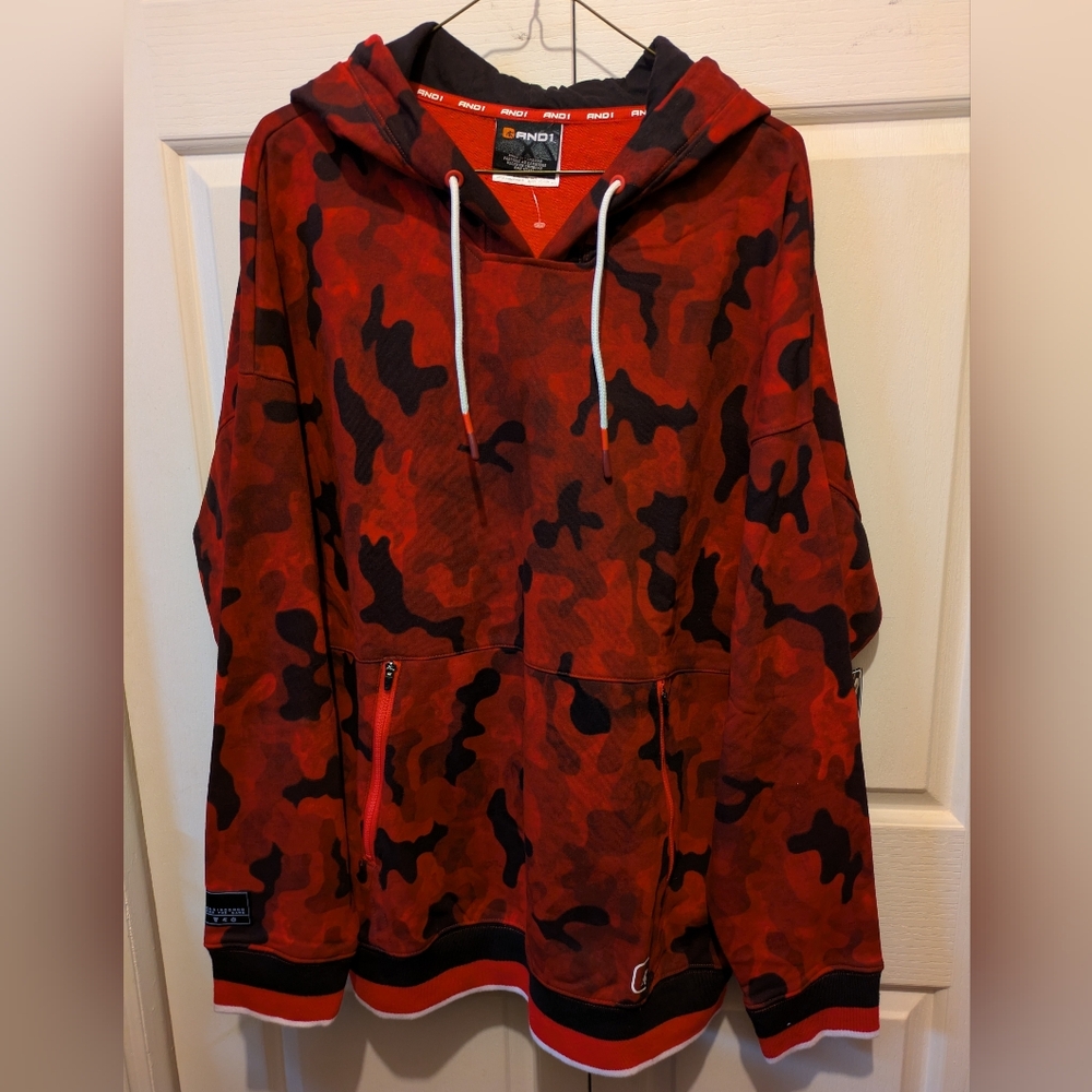 AND1 Classic Fit Red Black Camo Camouflage Hoodie zipped pockets Size XL New!